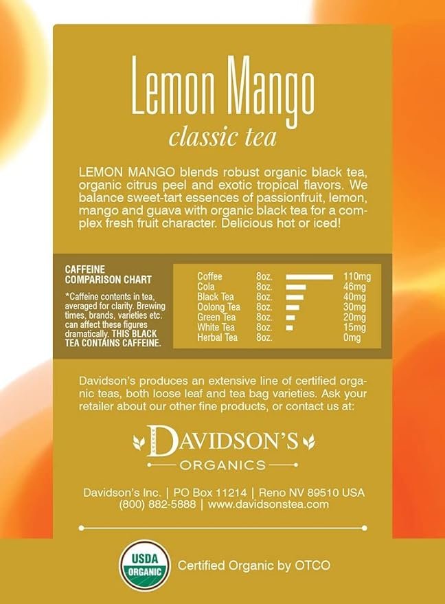 1 Davidson's Organics, Lemon Mango, 8-count Tea Bags, Pack of 12