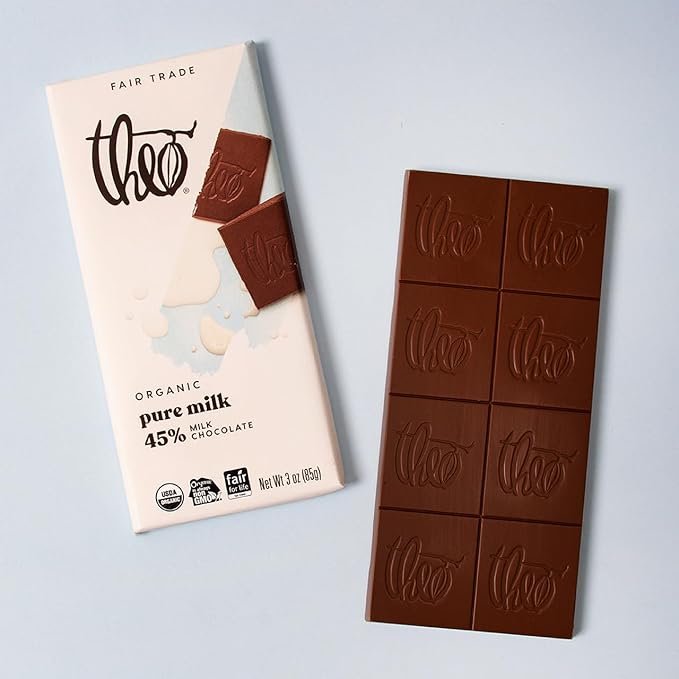 4 Theo Chocolate Pure Organic Milk Chocolate Bar, 45% Cacao, 6 Pack | Fair Trade