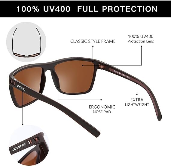 2 ZENOTTIC Polarized Sunglasses for Men Lightweight TR90 Frame UV400 Protection Square Sun Glasses