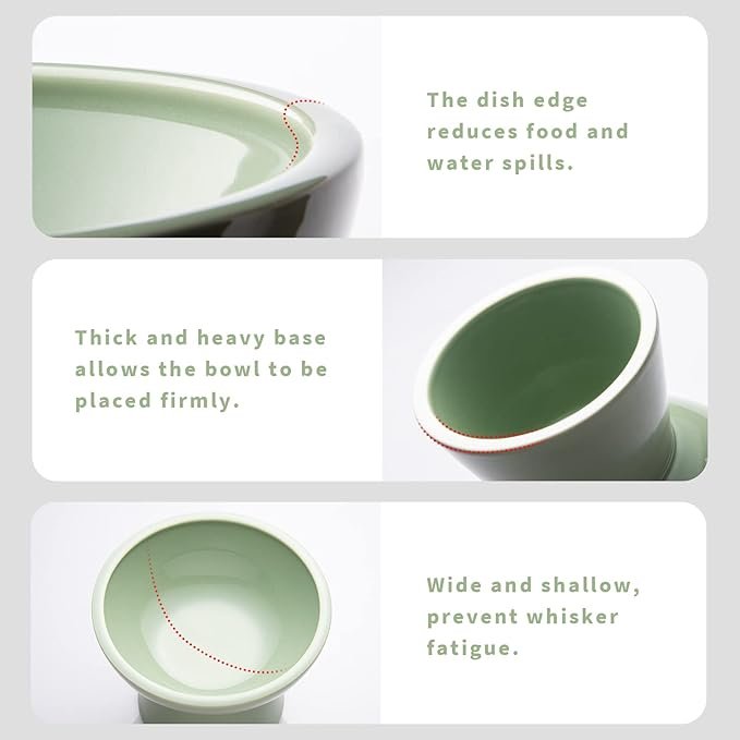 3 CEEFU 2 Extra Wide Elevated Cat Food Bowl, Ceramic Cat Bowls for Food and Water, Wide Shallow Cat Food Dish, Whisker Fatigue, Lead & Cadmium Free, Great Height for Cat