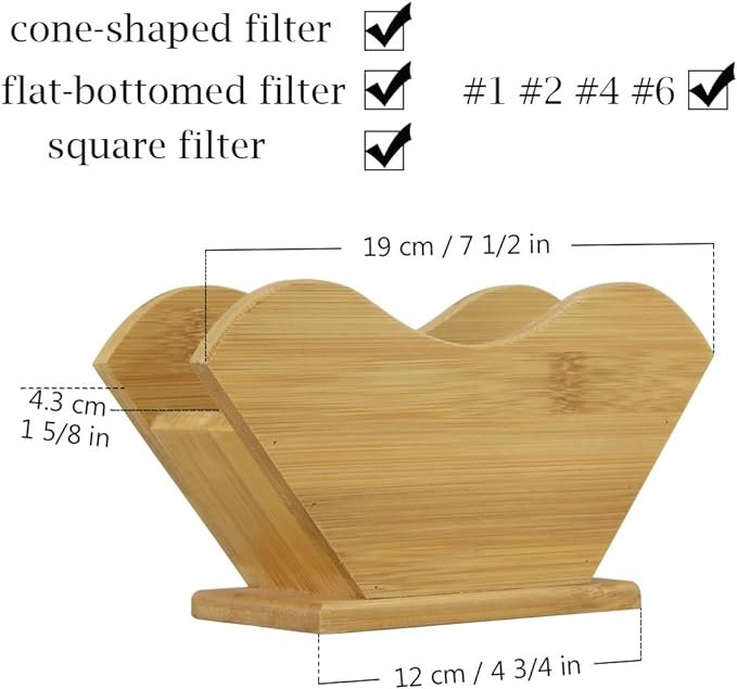 1 Bamboo Coffee Filter Organizer, Sustainable Holder for Square Cone-shaped and Flat-bottomed Pour Over Paper Filters