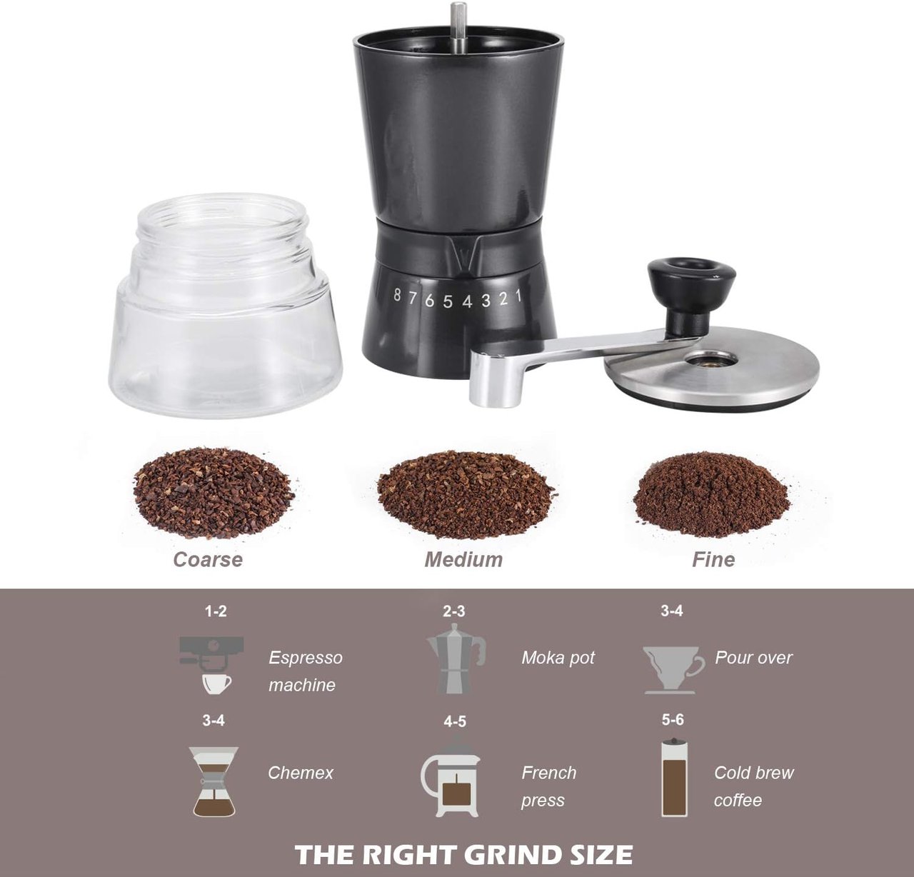4 Café Crank - Handy Coffee Grinder with Ceramic Burrs, 15 Customizable Settings and Bonus Cover