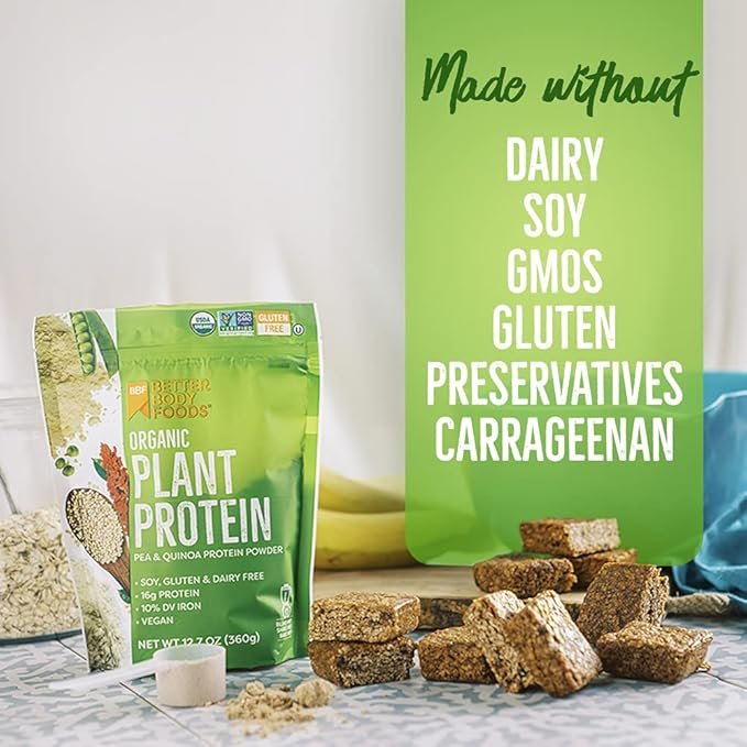 4 BetterBody Foods Organic Plant Based Protein Powder, - 16g of Protein, Vegan, Low Net Carbs, Gluten Free, Dairy Free, No Sugar Added, Soy Free, Non-GMO, 12.7 Ounces