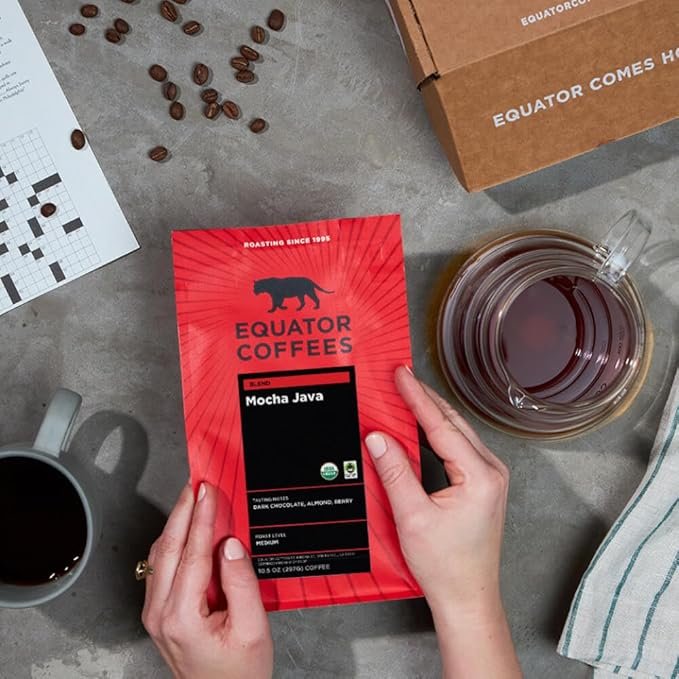 5 Equator Coffees, Mocha Java Blend, Organic Ground Coffee, Medium Dark Roast, Fresh Roasted, Dark Chocolate & Berry Flavor Notes, Sustainable and Fair Trade Certified, 10.5 oz Bag