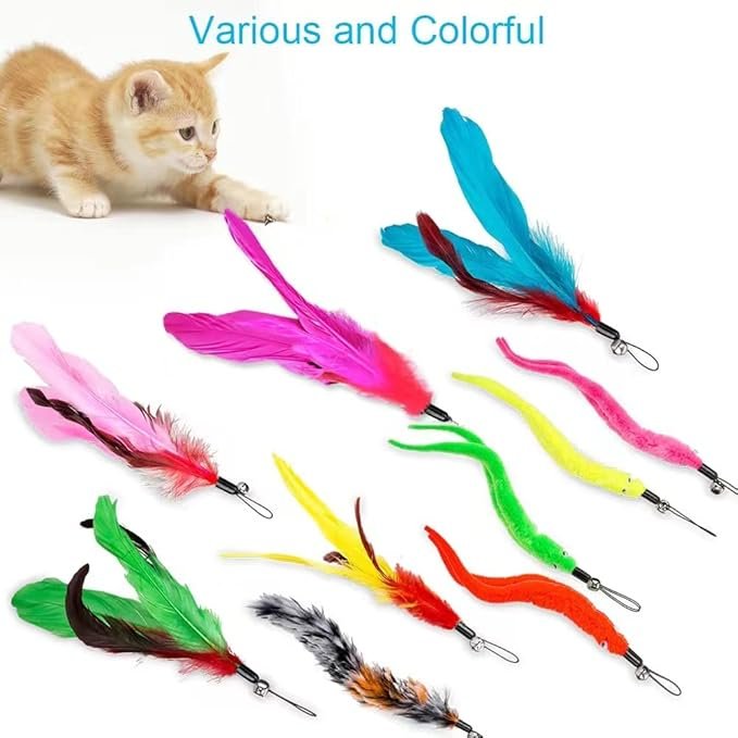 4 Cat Toys Feather Toy, 2PCS Retractable Wand and 10PCS Replacement Teaser with Bell Refills, Interactive Catcher and Funny Exercise for Kitten.
