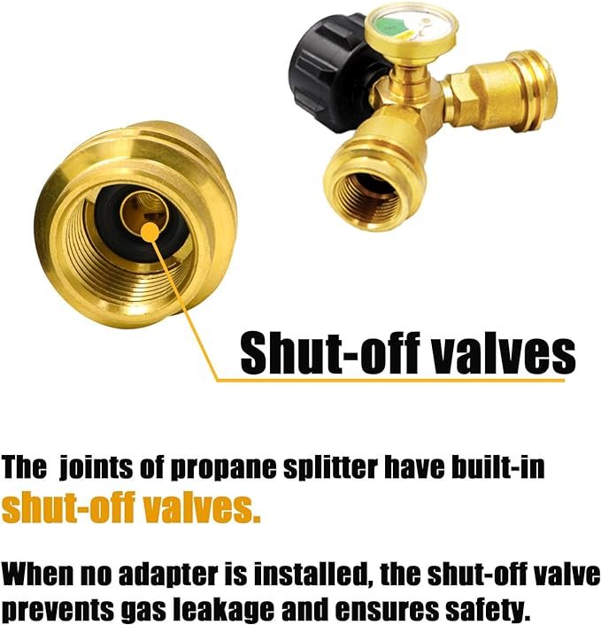 2 【1 unit】Gas Splitter (Gas Tank Y Splitter Converter) with Meter and Close-Off Valve, 2 Port Gas Splitter Converter for Gas Tank, suitable for Outdoor Stoves, Barbecue Grills, Recreational Vehicles, and more.