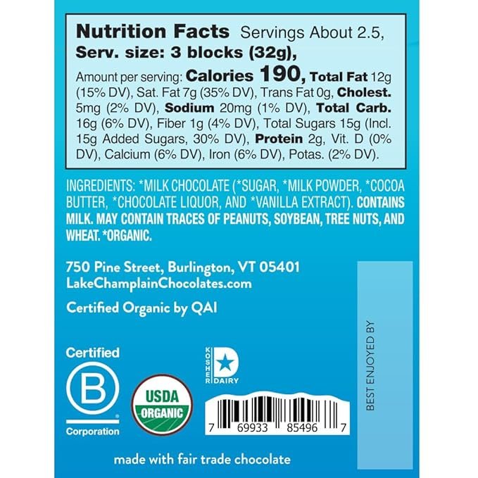 1 LAKE CHAMPLAIN CHOCOLATES Organic Milk 38% Chocolate Bar, 3 OZ