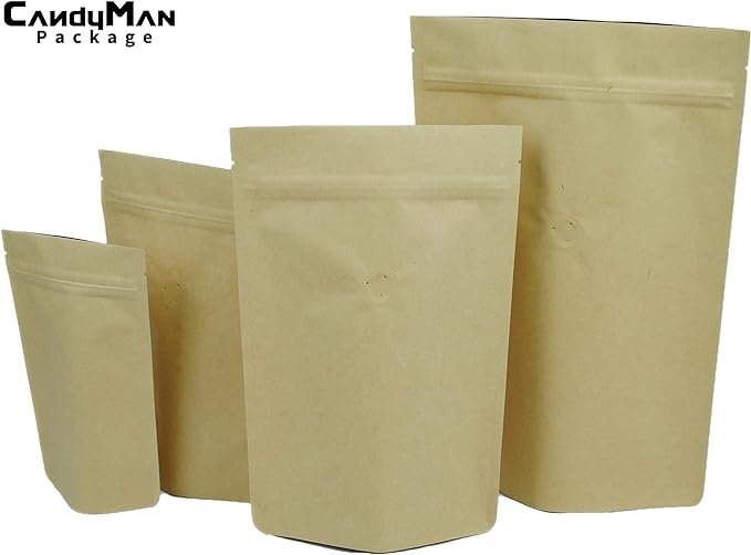 1 Candyman Coffee Bean Pouch - Kraft Paper Zipper Bag with One-Way Valve, 25 Pack (8oz/250g)