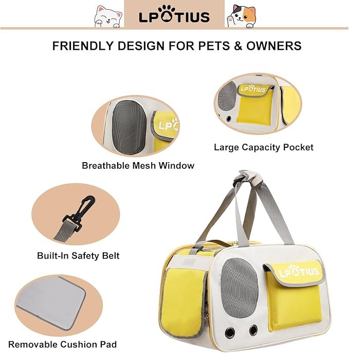 1 LPOTIUS Foldable Cat Carrier Soft-Sided Pet Carrier for Small Dogs and Large Medium Cats, Airline Approved Travel Dog Carriers with Curtain, Pocket, Safety Leash and Cushion Pad, Yellow
