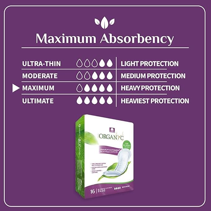 4 Organyc Certified Organic Cotton Pads for Incontinence, Certified Odor Control, Free from Perfumes, Dyes, Plastics, and Chemicals, Maximum, 64 Count…