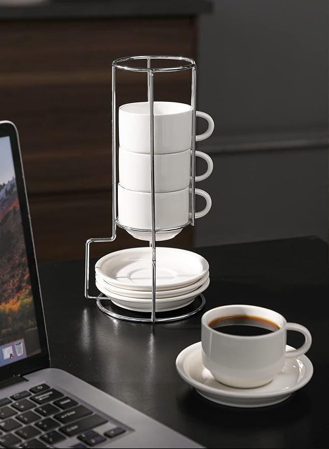 5 White Espresso Cup Set with Saucers and Metal Stand - 4-Pack, 4 Oz - Sweese