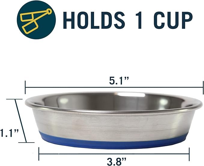 1 Our Pets DuraPet Stainless Steel Non-Slip (Cat Food Bowl or Water Bowl) (Holds up to 1 Cup of Dry Food or Wet Food) Easy to Clean
