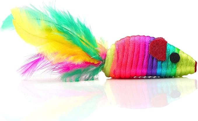 2 CHIWAVA 24PCS 5" Rattle Cat Toys Mice with Feather Rainbow Rope Mouse Kitten Interactive Toy Assorted Color