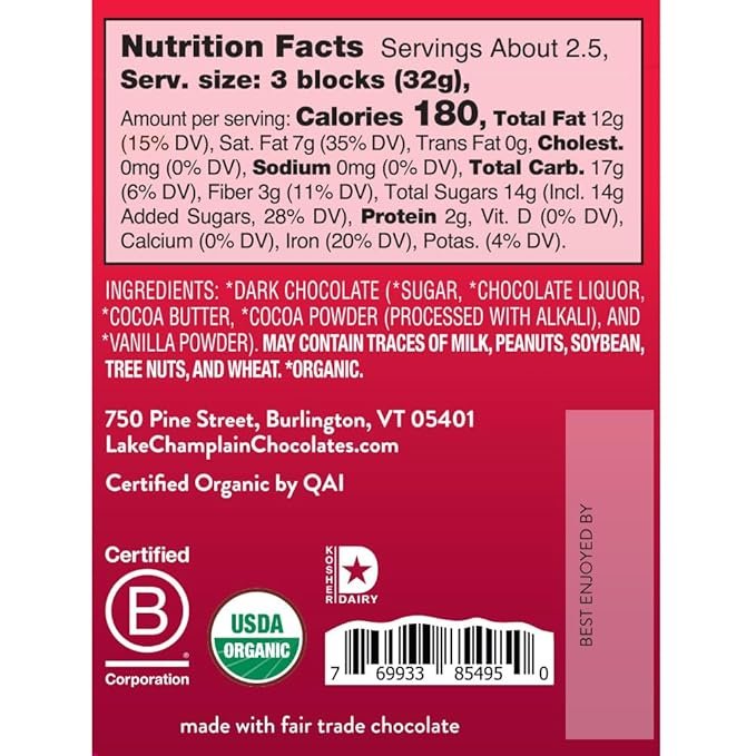 1 LAKE CHAMPLAIN CHOCOLATES Organic Dark 57% Chocolate Bar, 3 OZ
