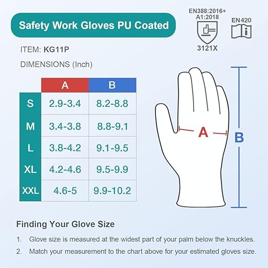 4 KG11PB 12 Pairs PU Coated Safety Gloves - Seamless Knit Glove with Polyurethane Coated Palm & Fingers (Large, Black)