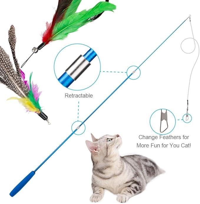 1 Cat Toys Feather Toy, 2PCS Retractable Wand and 10PCS Replacement Teaser with Bell Refills, Interactive Catcher and Funny Exercise for Kitten.