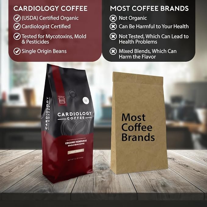 2 Cardiology Coffee Heart Healthy Coffee – Cardiologist founded Whole Bean DECAF Medium Roast - USDA Organic Hand-Selected Decaf Coffee Using Swiss Water Process - Non-GMO, Tested for Mycotoxins & Pesticides - 12 Ounces