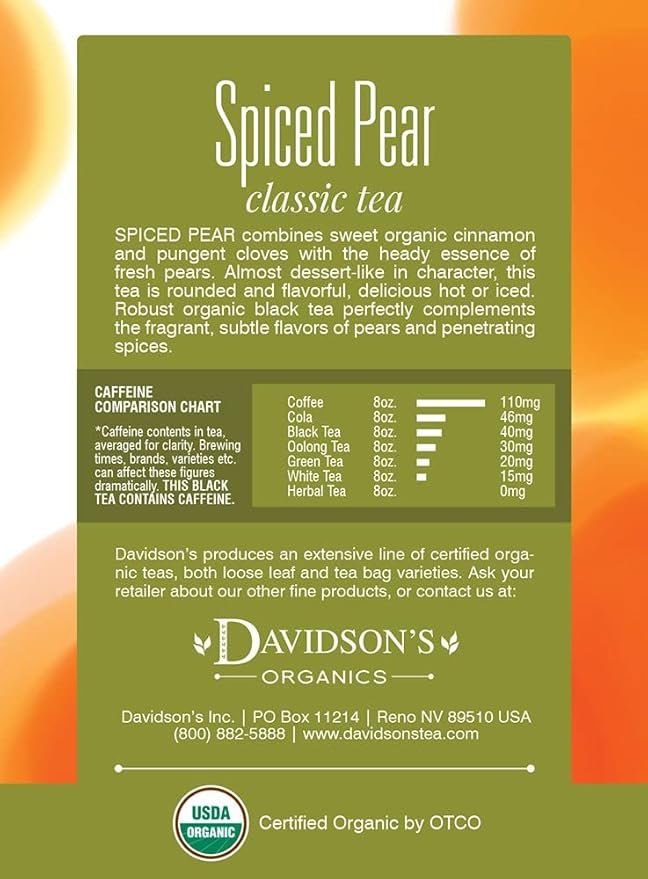 1 Davidson's Organics, Spiced Pear, 8-count Tea Bags, Pack of 12