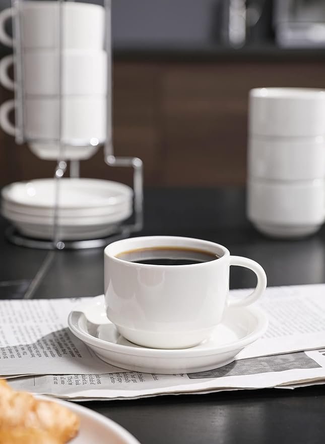 4 White Espresso Cup Set with Saucers and Metal Stand - 4-Pack, 4 Oz - Sweese