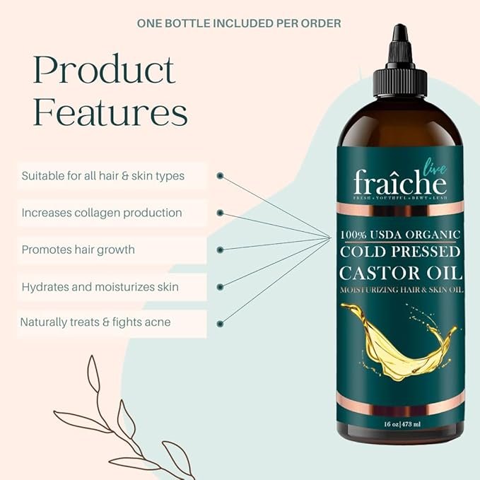 1 Organic Castor Oil (16oz) - Pure Castor Oil Organic Hexane Free Cold Pressed Unrefined Bottle - Natural Hair Growth Oil for Moisturizing & Healing Dry Skin - Castor Oil for Skin & Hair Treatment Oil