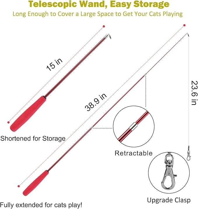 1 Interactive Cat Toys - Retractable Wand Toy and Feather Toys Refills for Indoor Cats to Chase and Exercise