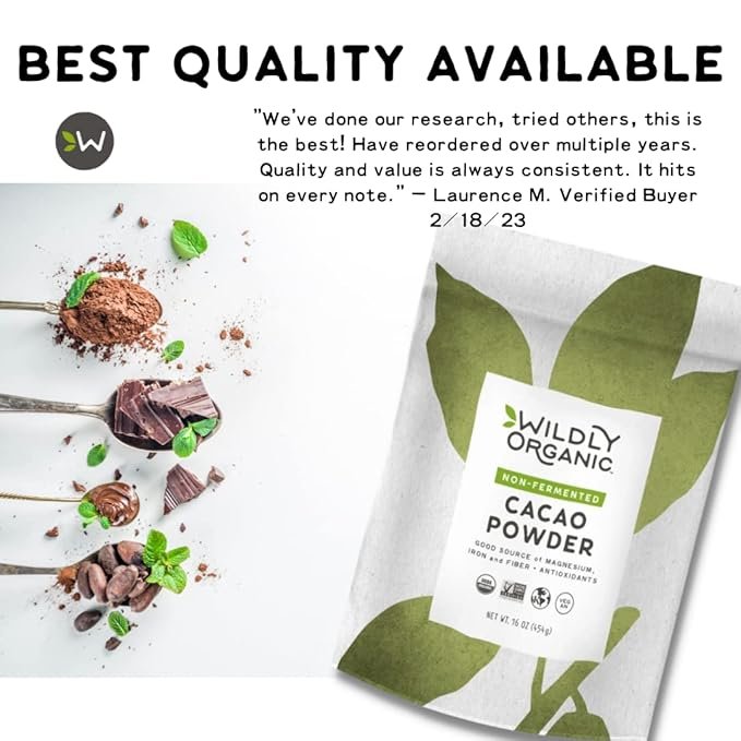 5 Wildly Organic Non-Fermented Cacao Powder 16 Oz, 1 lb Bag - Organic, Non-Alkalized, High in Antioxidants, Minimally Processed, Raw, Non-GMO, Kosher, Vegan, Premium Mild Chocolate Flavor | Perfect for Smoothies, Yogurt, Oatment, Baking, & Hot Cocoa
