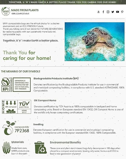 3 Eco-Friendly Handles Bags, Small Kitchen Waste Bags, 50 Count, 0.68 Mil, T-Shirt Bags, Certification Approved by ASTM D6400, US BPI & Europe OK Compost Home, Based in San Francisco.