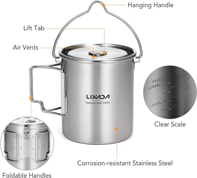 1 Lixada Outdoor Stainless Steel Camping Mug with Foldable Handles and Lid, 750ml