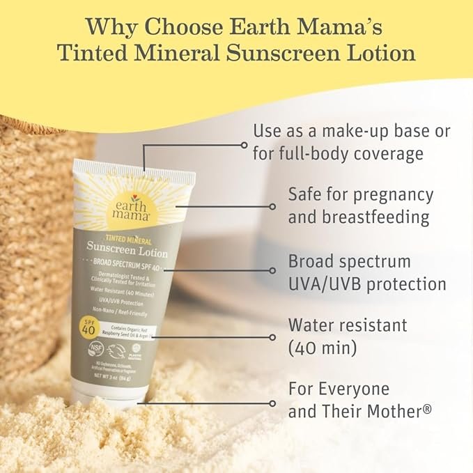 1 Earth Mama Tinted Mineral Sunscreen Lotion SPF 40, Contains Organic Argan and Red Raspberry Seed Oil, 3-Ounces