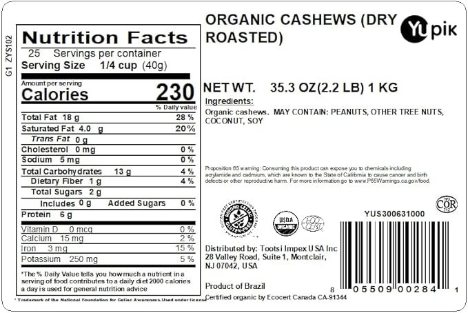 1 Yupik Organic Dry Roasted Cashews, 2.2 lb, Kosher, Gluten-Free, Non-GMO, Vegan, Crunchy Nuts, Unsalted, Lightly Roasted, Oil-Free, Source of Protein & Iron, Nutritious, Healthy Snacks