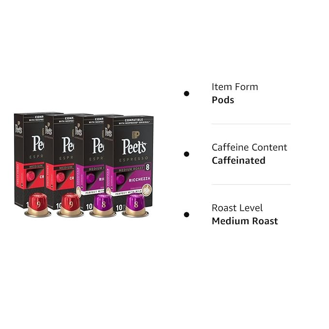 4 Peet's Espresso Pods, Medium Roast Coffee Assortment for Nespresso Original Machines, Intensity 8-9, 40 Capsules (4 Boxes of 10)