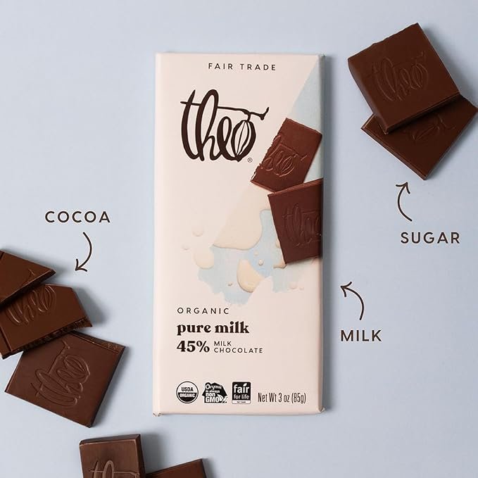 3 Theo Chocolate Pure Organic Milk Chocolate Bar, 45% Cacao, 6 Pack | Fair Trade