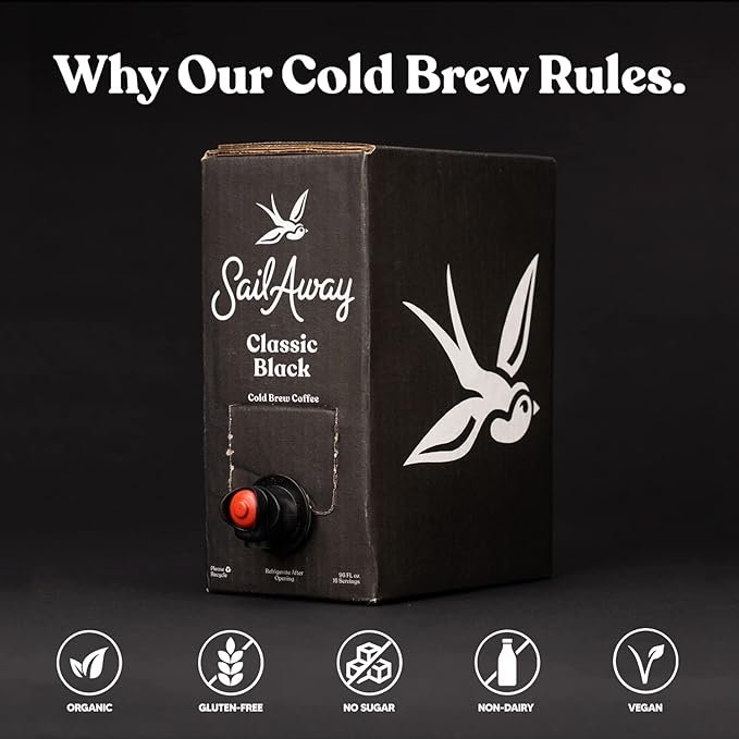 1 Sail Away Cold Brew Coffee - Smooth & Energizing, 120mg Caffeine, Gluten Free, Organic, Keto-Friendly, Classic Black, 96 Fl. Oz.