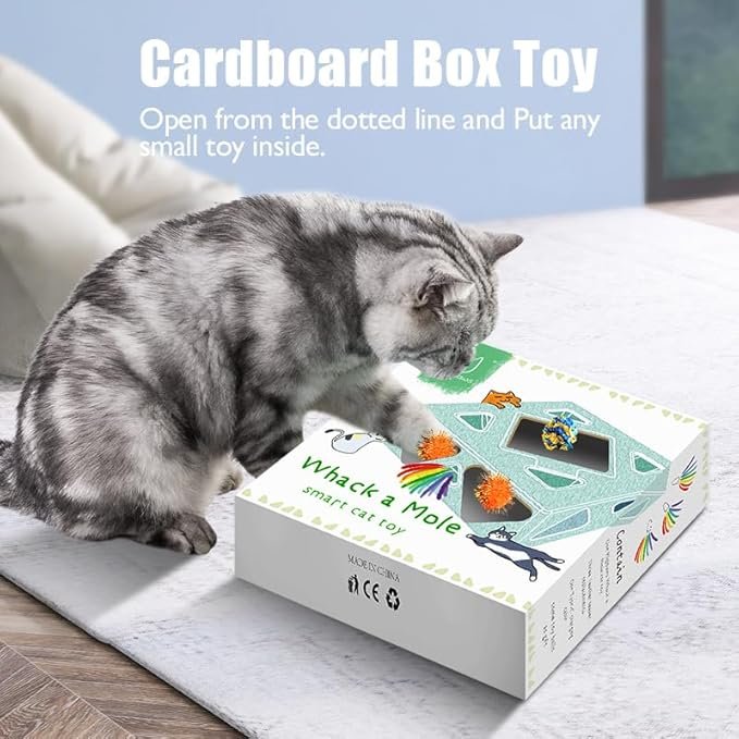 2 Migipaws Cat Toys, Interactive Automatic 7 Holes Mice Whack-A-Mole, Ultra Fun Smart Teaser Toy for Indoor Cats, USB Rechargeable, 4 Pieces Feather Refills