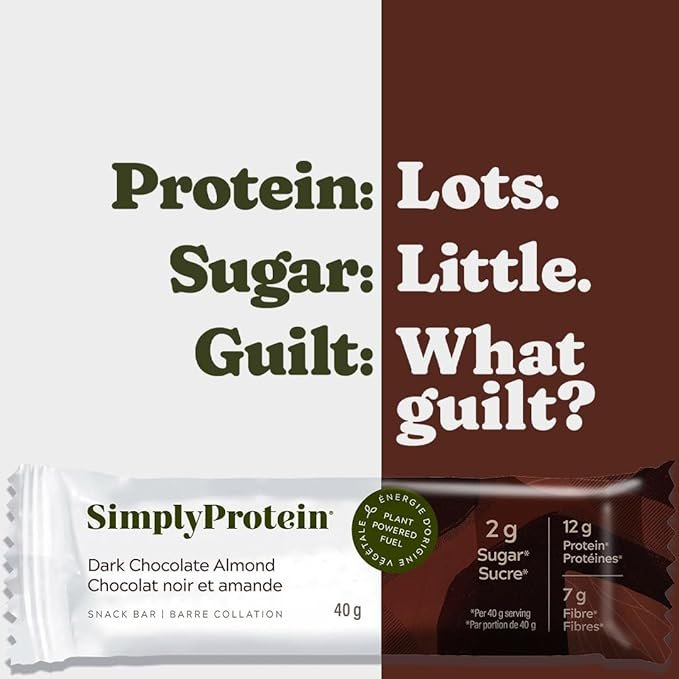4 Simply Protein Protein Snack Bars, Pack of 12, Dark Chocolate Almond Plant-Based High Protein, Low Sugar, Dairy Free