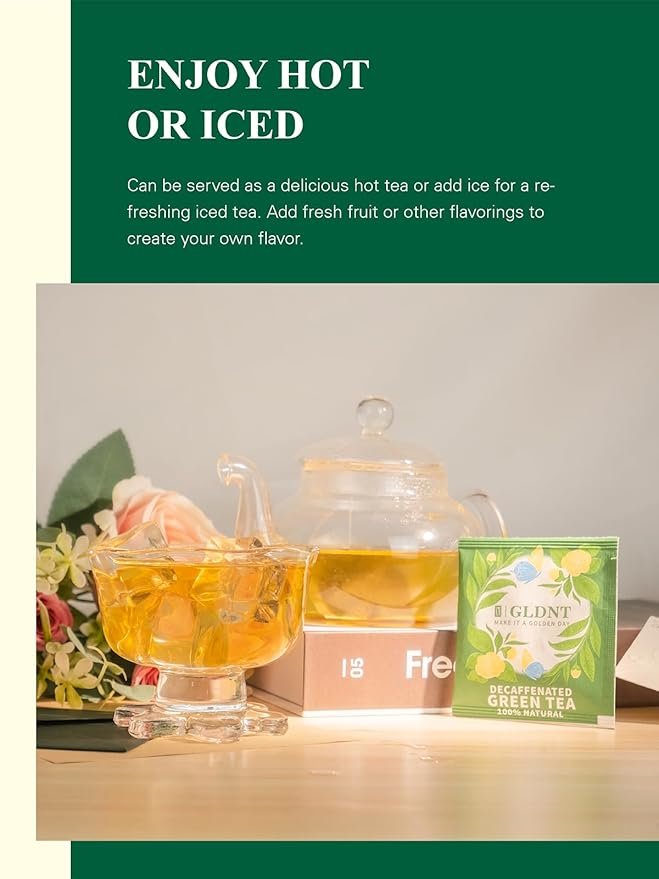 5 GLDNT Decaf Green Tea Bags, Decaffeinated Green Tea, Individually Wrapped, Smooth Flavor, Iced & Hot Tea, 20 Count