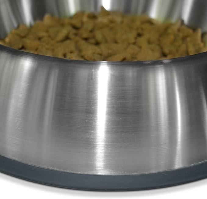 2 PetFusion Premium Brushed Anti-Tip Dog & Cat Bowls (Set of 2 Bowls). Food Grade Stainless Steel. Bonded Silicone Ring for Traction, 14 oz, Metallic