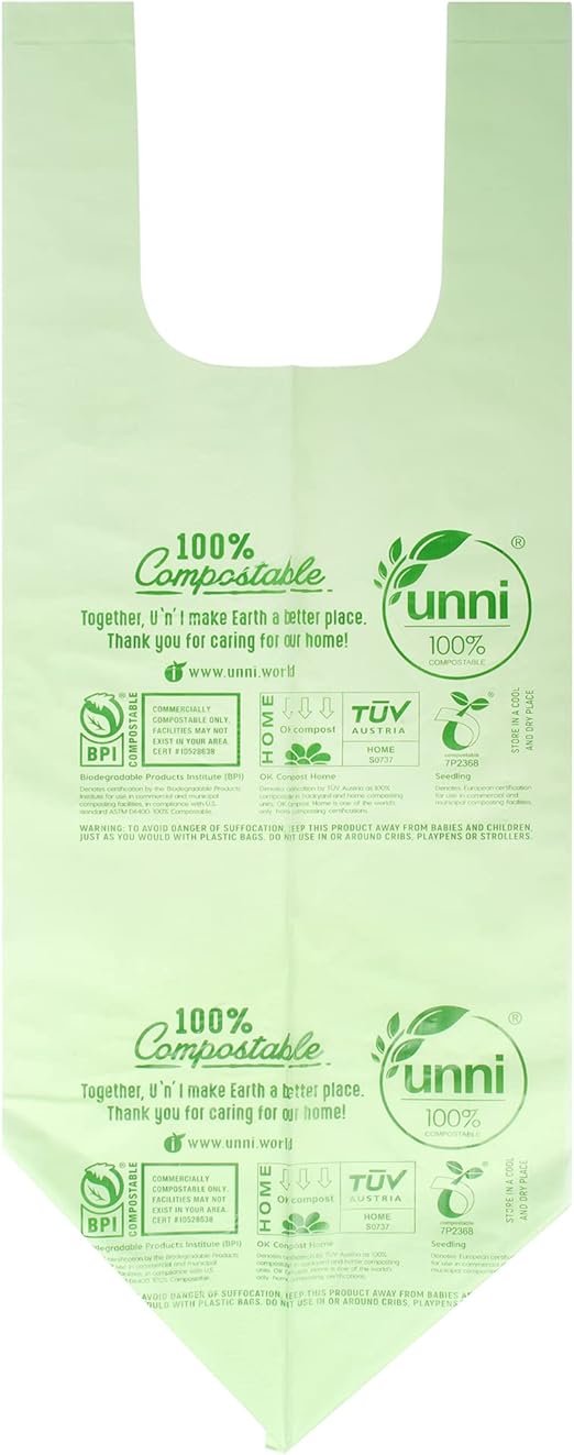 1 Eco-Friendly Handles Bags, Small Kitchen Waste Bags, 50 Count, 0.68 Mil, T-Shirt Bags, Certification Approved by ASTM D6400, US BPI & Europe OK Compost Home, Based in San Francisco.