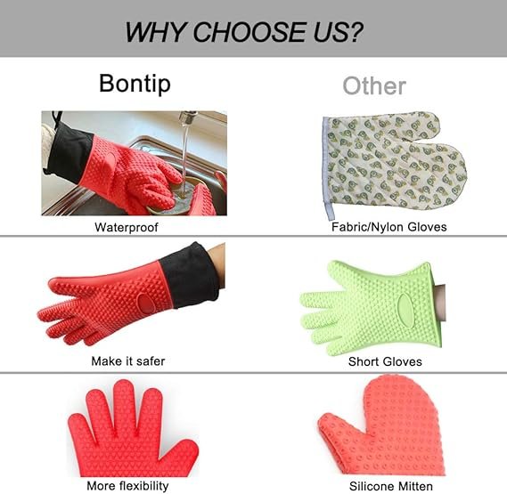 1 HeatSafe Grill Gloves, all-round Silicone Cooking Gloves, Extra-long Waterproof Oven Gloves with Comfy Cotton Lining for Grill, Bake, Roast (Red)