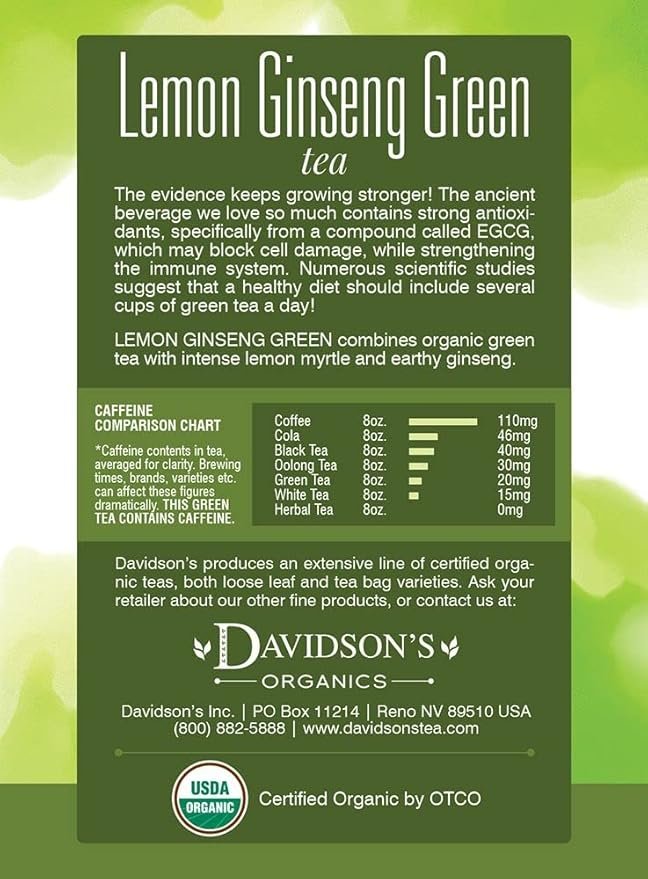 1 Davidson's Organics, Lemon Ginseng Green, 8-count Tea Bags, Pack of 12