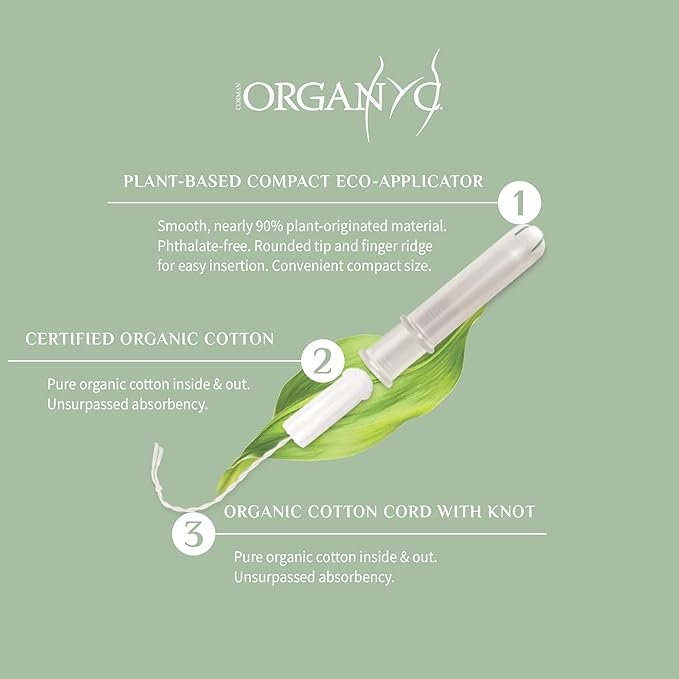 1 Organyc - 100% Certified Organic Cotton Tampons - Plant-Based Eco-Applicator (Regular + Super, 96 Count (Pack of 6))