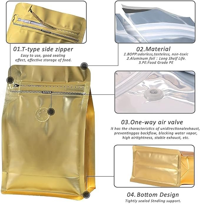 2 12oz/100pcs Aluminum Foil Gold Coffee Storage Bags with Valve, Enhanced Barrier