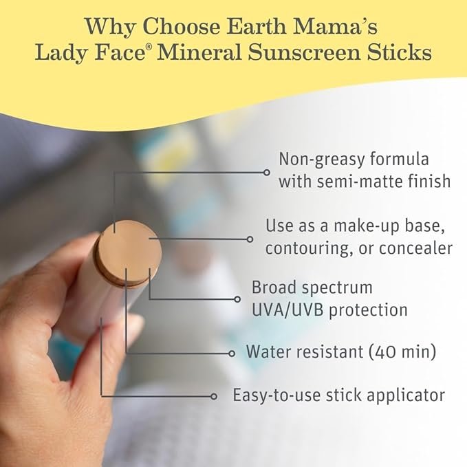 1 Earth Mama Lady Face® Tinted Mineral Sunscreen Face Stick SPF 40 Light/Medium Tint | Contains Organic Shea & Cocoa Butter | Foundation + Concealer Blends with Most Skin Tones