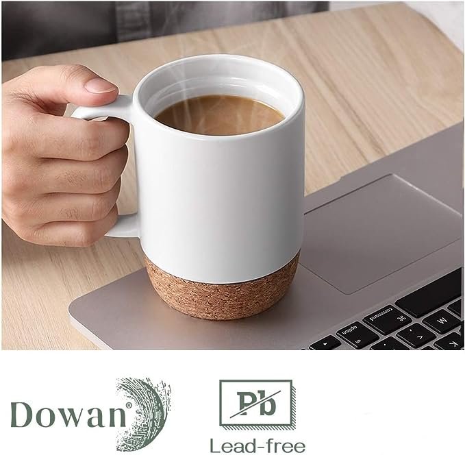 3 15 Ounce Ceramic Coffee Mug Set, Cork Bottom and Lid, Large Coffee Mug with Handle, Matte White, Perfect Gift for Father, Men, Women