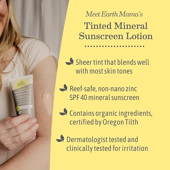 4 Earth Mama Tinted Mineral Sunscreen Lotion SPF 40, Contains Organic Argan and Red Raspberry Seed Oil, 3-Ounces