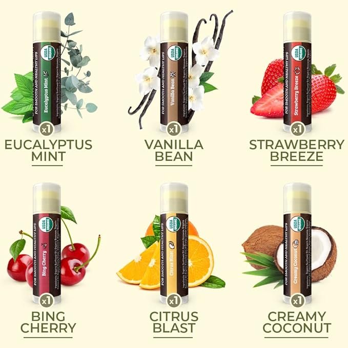 1 USDA Organic Lip Balm 6-Pack by Earth's Daughter - Fruit Flavors, Beeswax, Coconut Oil, Vitamin E - Best Lip Repair Chapstick for Dry Cracked Lips - Moisturizing Lip Care