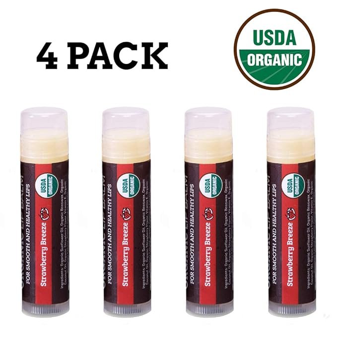 5 USDA Organic Lip Balm 4-Pack by Earth's Daughter - Strawberry Flavor, Beeswax, Coconut Oil, Vitamin E - Best Lip Repair Chapstick for Dry Cracked Lips.