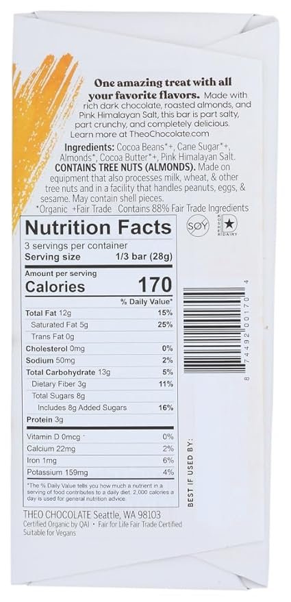 1 Theo Chocolate Salted Almond Organic Dark Chocolate Bar, 70% Cacao, 6 Pack | Vegan, Fair Trade