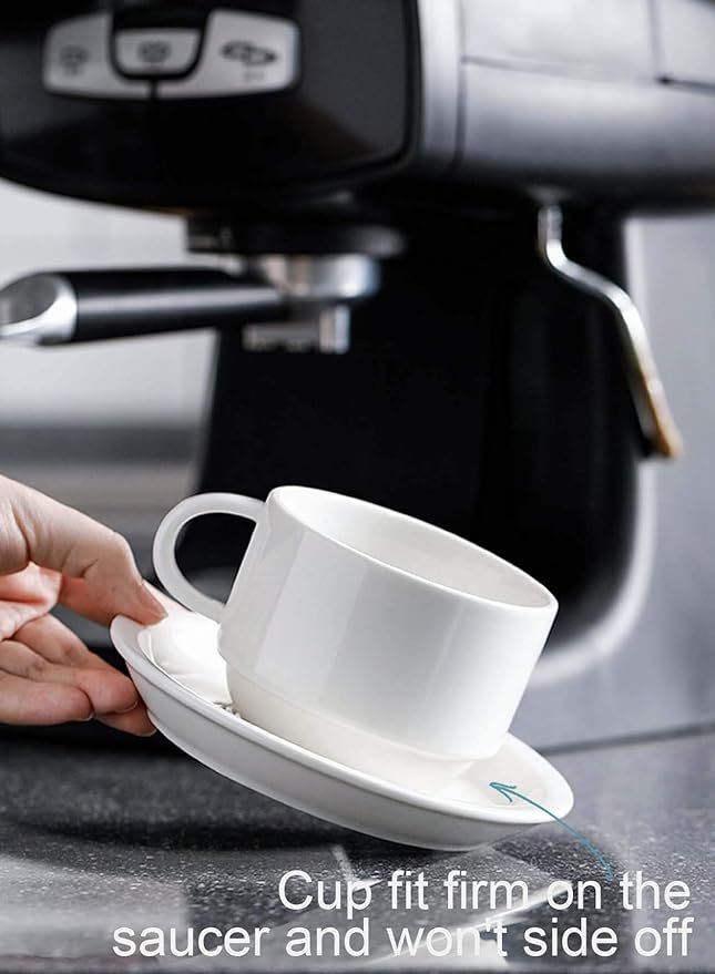 3 Sweese 406.401 Porcelain Stackable Coffee Cups with Saucers and Metal Stand - 8 Ounce - Set of 4, White
