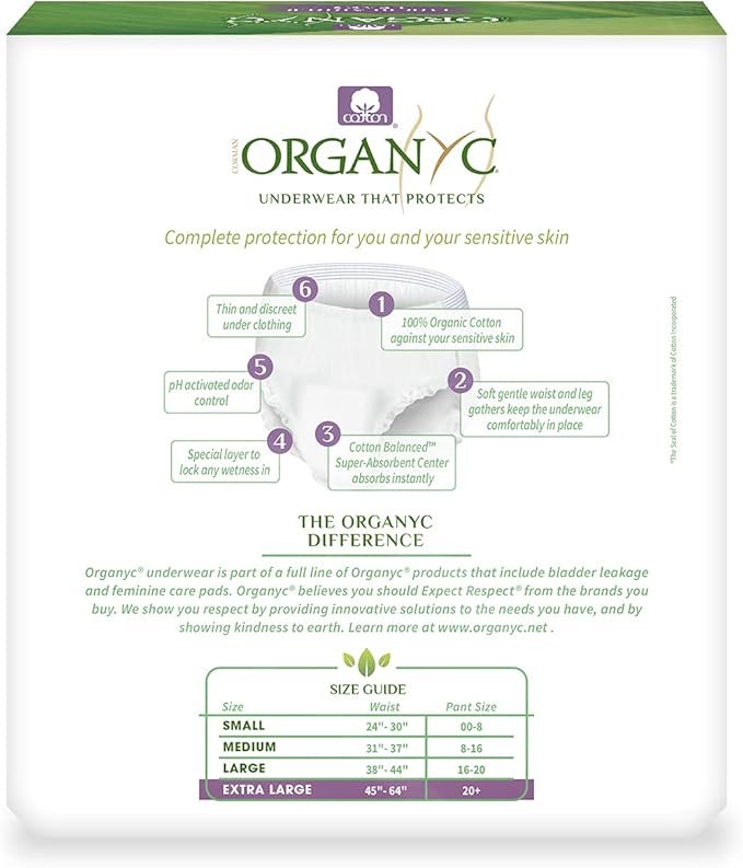 2 Organyc Bladder Control Underwear for Women - X-Large, 12 Count, Organic Cotton, No Leaks, No Odor, No Irritation